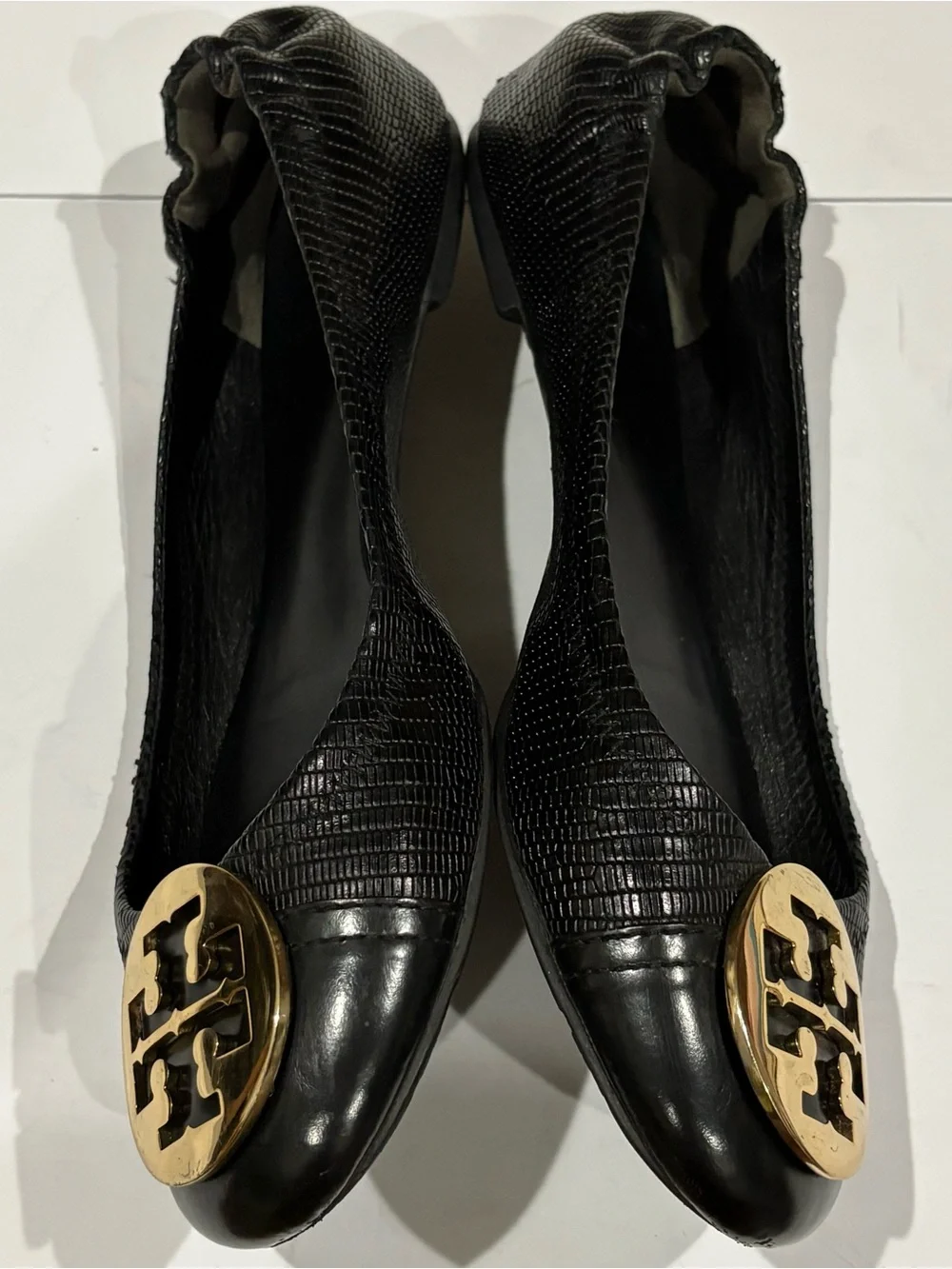 Tory Burch Black Leather Logo Cap-Toe Ballet Flats with Gold Emblem